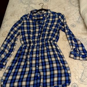 Express Blue Plaid, long sleeve, button up dress